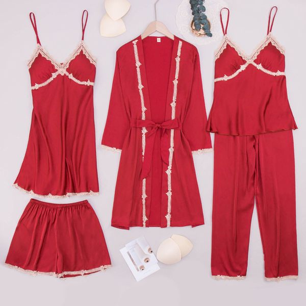 

yaoting new satin chiffon pajamas long sleeve robe suspender shorts home suit pajama2061, Black;red