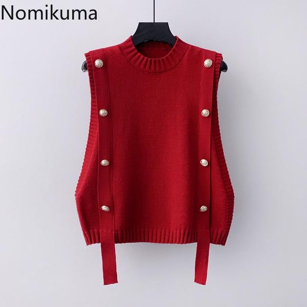 

women's vests nomikuma 2021 chic pullover vest women double breasted o neck sleeveless solid color casual sweater wasitcoat sueter muje, Black;white