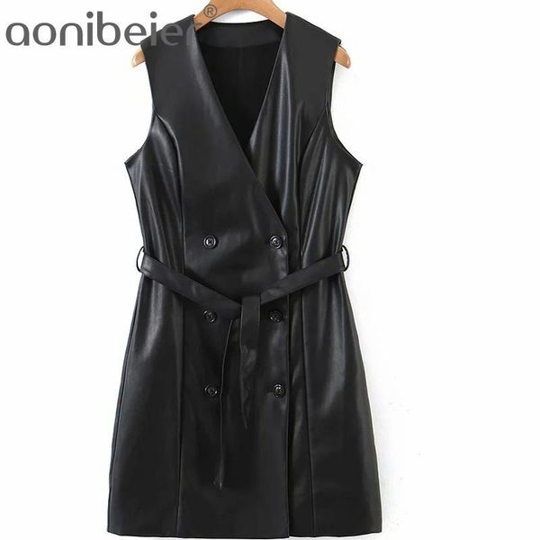 

women's vests aonibeier 2021 autumn winter sleeveless v neck double breasted pu jackets black slim long vest coat female gilets with sa, Black;white