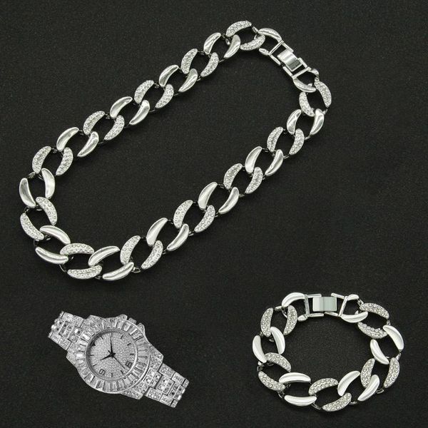 

chains 19mm 3pcs kit hip hop iced out paved rhinestone choker miami curb cuban rapper necklace+watch+bracelet for men women jewelry, Silver