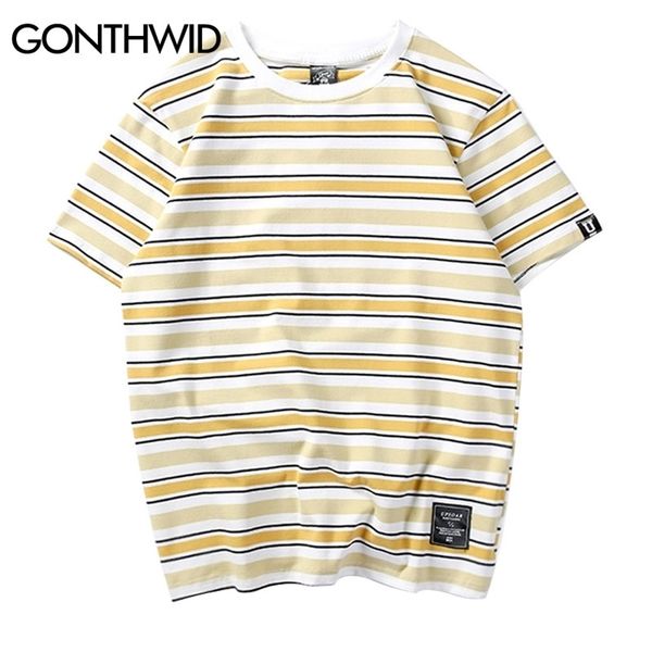 

gonthwid harajuku stripe t shirts men/women hip hop casual cotton short sleeve tees summer fashion tshirts black red pink 210324, White;black