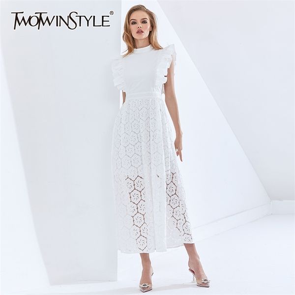 

white hollow out women dress stand collar short sleeve high waist elegant dresses female autumn clothing 210520, Black;gray