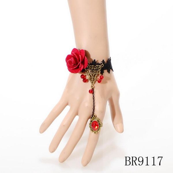 

charm bracelets gothic red flower bead pendant vintage gold metal fashion lace bracelet for women black chain bangle jewelry, Golden;silver