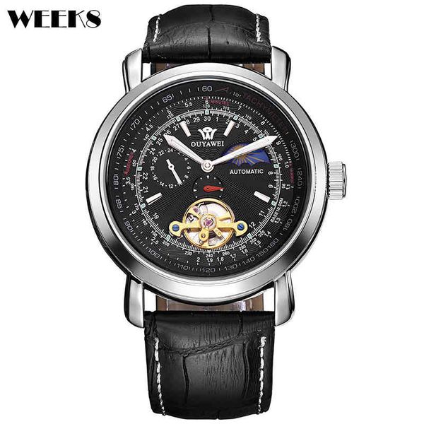

automatic mechanical watches for men black white sliver dial skeleton leather mechanical clock, Slivery;brown