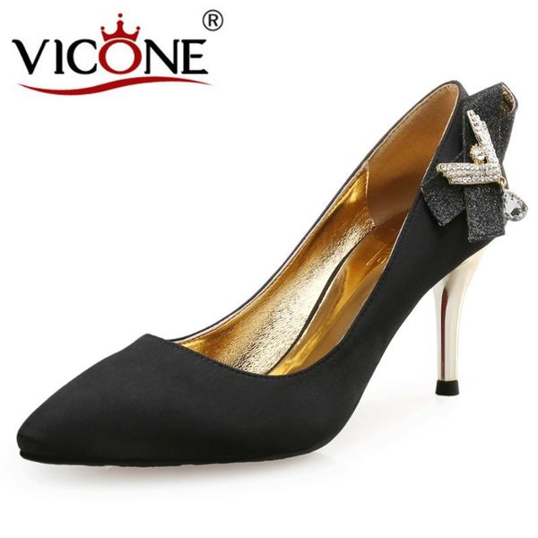 

dress shoes vicone women spring autumn pointed toe crystal party wedding heels v10016, Black