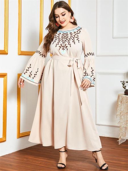 Siskakia Sonbahar 2021 MAXI Elbise Kadınlar için artı O boynu Parlama Uzun Kollu Etnik Çiçek Nakış Gevşek Arap Müslüman Giysileri Günlük Elbise