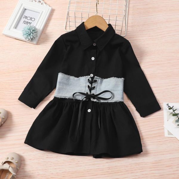 

girl's dresses 2 pcs infant casual dress outfits, girls single-breasted solid color long sleeve lapel denim shirt + tie-up waist belt, Red;yellow