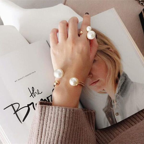 

cluster rings pearl ring opening adjustable for women female simple fashion finger jewelry 2021 wedding party gift bague femme, Golden;silver