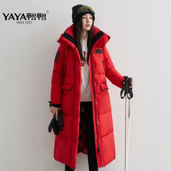 

yaya women's winter white duck down jacket thick loose over-the-knee length warm down coat hooded windproof warm outerwear 211126, Black