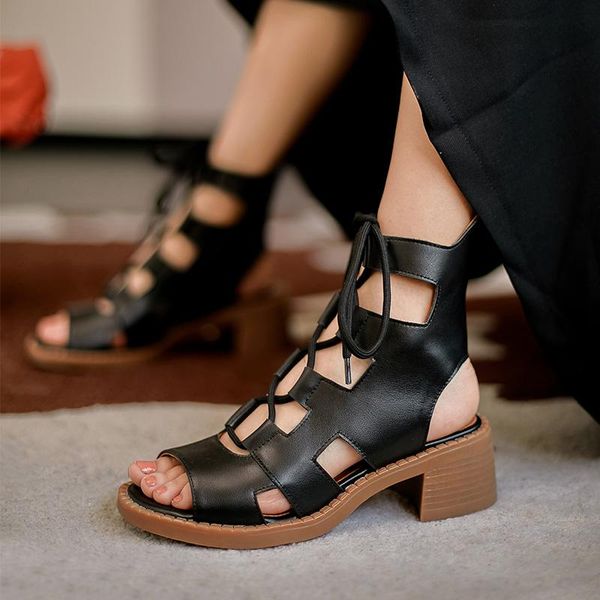 

sandals genuine leather spring summer lace-up peep toe gladiator fashion roman style handmade shoes square heel women, Black