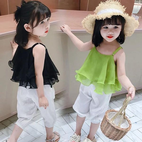 

summer toddler baby girl clothes set kids sling chiffon + shorts pants 2-9years children girls outfits 3 4 5 7 6 8 clothing sets, White