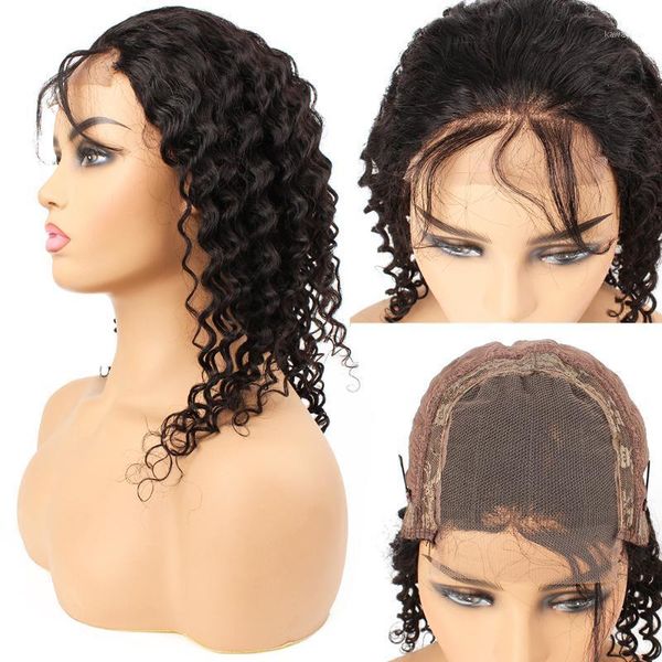 

deep wave 4*4 lace closure wig 18-26 inches remy brazilian human hair wigs pre-plucked line 150 density for black women1, Black;brown