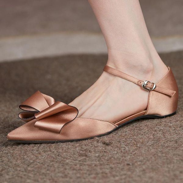 

sandals women's silk metal buckle ballet flats summer casual single shoes pointed toe bow tie sweet korean style female daily footwear, Black