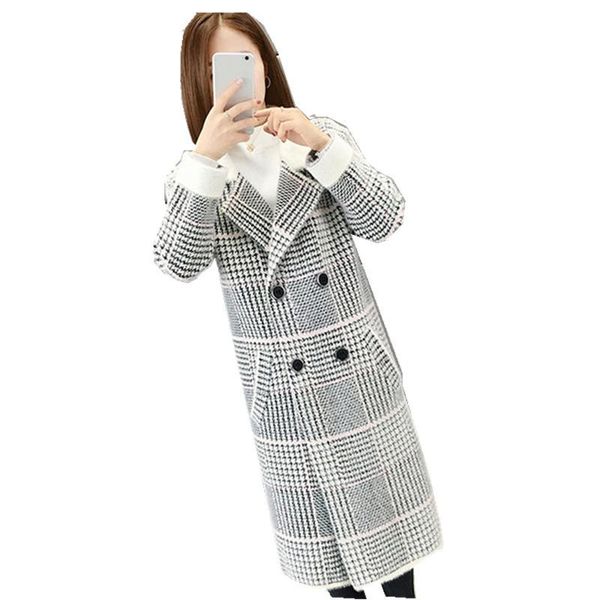 

women's fur & faux imitation mink velvet jacket women sweater cardigan mid-length 2021 spring autumn loose plaid double sided coat, Black