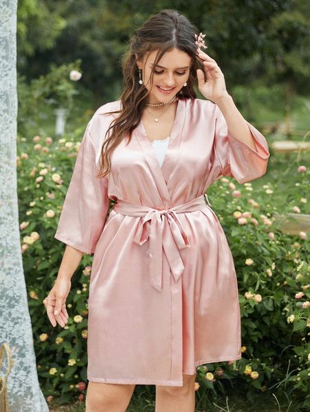 

plus solid belted satin robe 67ll#, Black;white