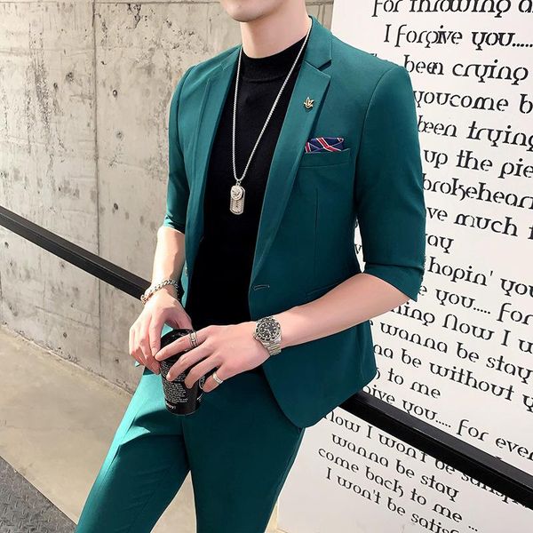 

spring and summer men's suit 2-piece solid color 7 / 3 sleeve non iron korean slim fit suits & blazers, White;black