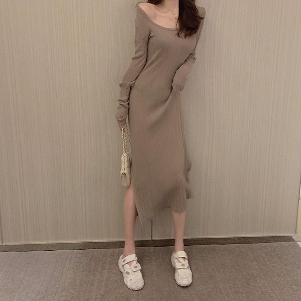 

casual dresses autumn and winter long-sleeved slim dress long split elastic knit temperament elegant women, Black;gray