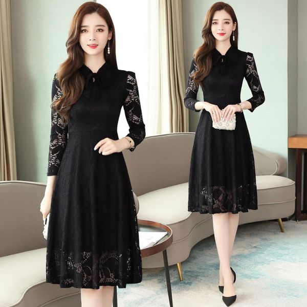 

casual dresses 2021 vintage black lace midi autumn winter plus size solid long sleeve dress elegant women bodycon party vestidos, Black;gray