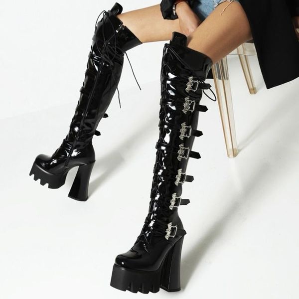 

boots fashion designed buckle strap side zipper patent leather over knee high for ladies black platform chunky heel