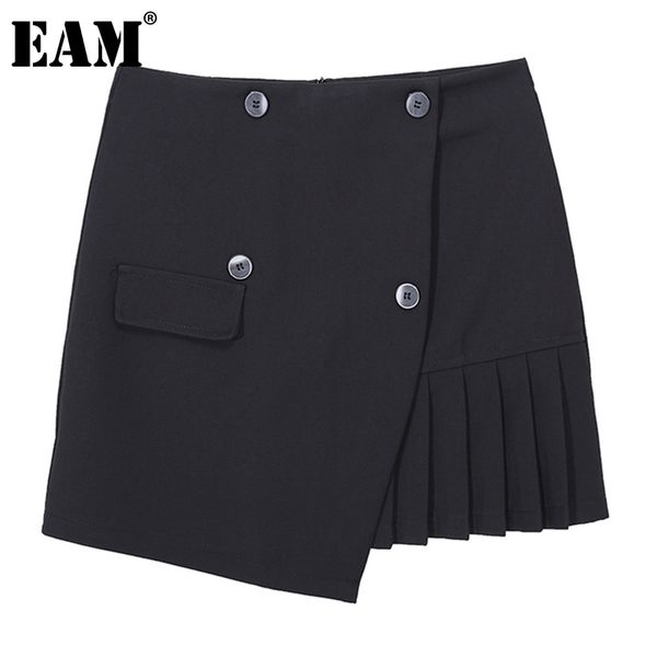 

[eam] high elastic waist black pleated irregular mini casual half-body skirt women fashion spring summer 1dd6746 210512