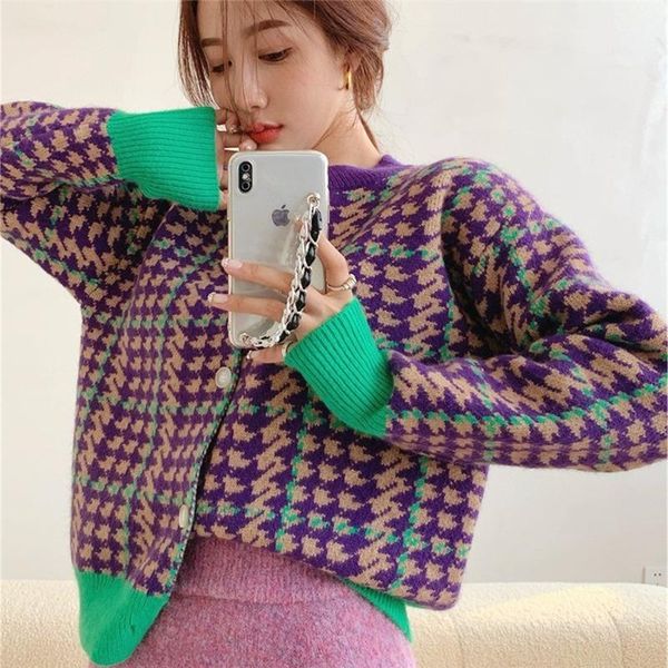 

women's knits & tees vintage hit color houndstooth knitted long-sleeved cardigans sweater jacket autumn loose warm womens, White