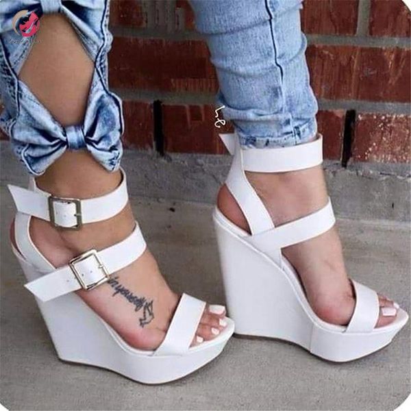 

original intention white sandals woman wedges high platform 3 buckles straps elegant casual prom female plus size, Black