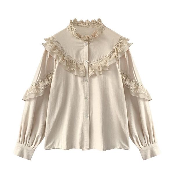 

spring autumn women's vintage lantern lace shirts women elegant blouses, White