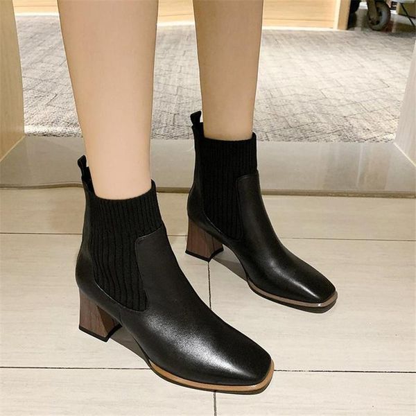 

boots fashion women leather autumn winter ankle set foot heel non-slip wear-resistant, Black