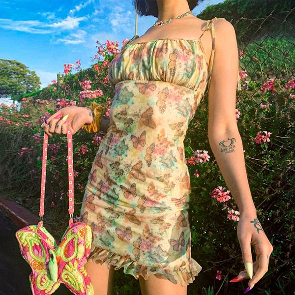 

2021 summer women clothes butterfly print backless suspender dress, Black;gray