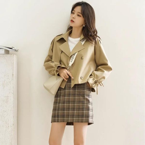 

women's vests spring and autumn ladies fashion trend solid color lapel loose short suit trench coat, Black;white