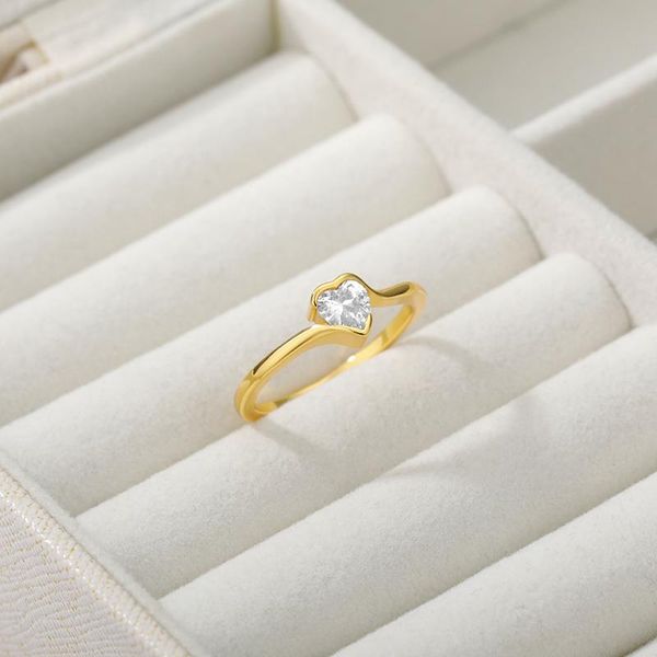 

wedding rings minimalist zircon crystal heart for women gold color stainless steel fashion charm jewelry couple gifts, Slivery;golden