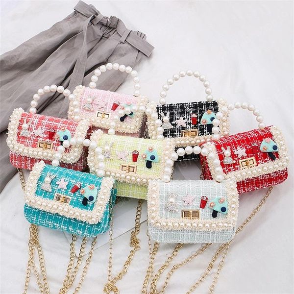 

baby handbags kids fashion girls mini princess coin purses girl cute cartoon pearl handbag chain shoulder bags gifts, White