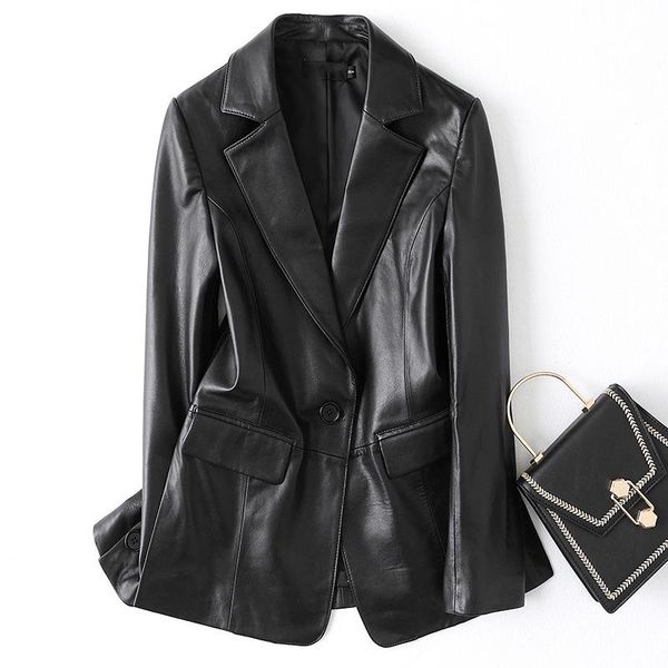 

women's leather & faux 2021 autumn and winter clothes slim fashion sheep jacket short casual suit thin, Black