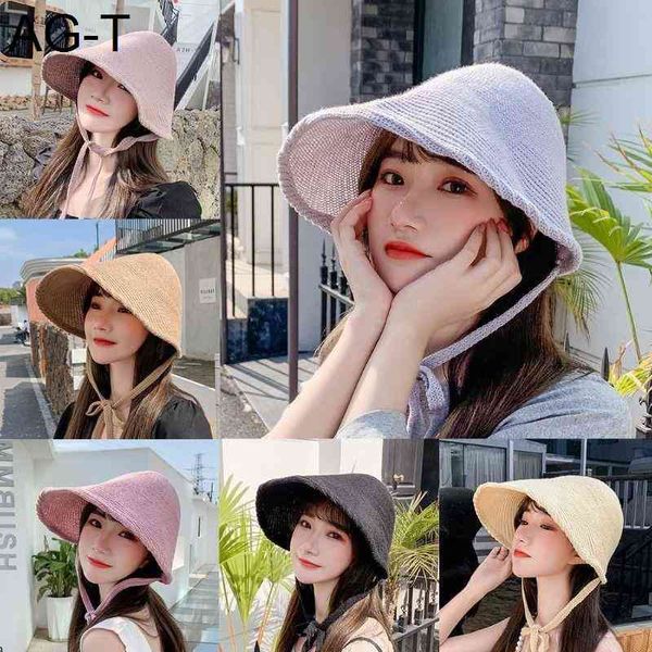 

korean women witch knitted bonnet sun hat linen weave large wide brim uv protection fisherman cap with ribbon strap, Blue;gray