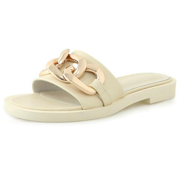 

slippers women punk metal decoration low heels sandals genuine leather summer party basic shoes woman, Black