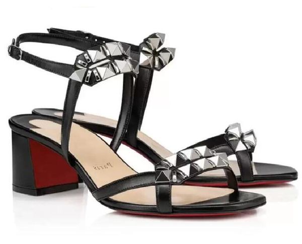 

summer women sandals refined red bottom high heel veau velours genuine leather metal sequins chunky heel square head wedding casual evening, Black
