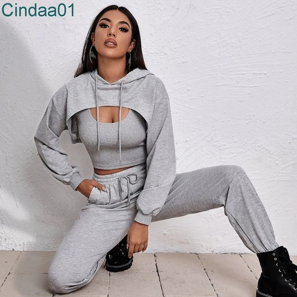 Mulheres duas partes calças deisgner sexy cor sólida outono hoodie solto colete de guarda de guarda três peças esportes jogging pano conjunto xs-xl 5 cores