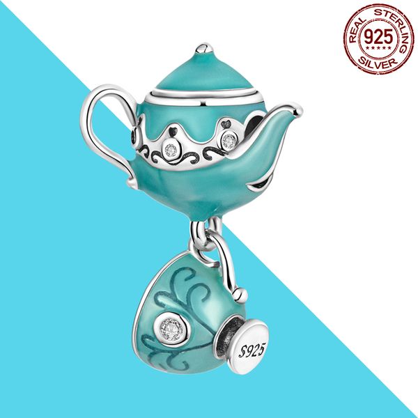 925 Grupo de chá de prata Charme Bead Fit Pandora Pulseira Original DIY para encantos Pulseira fazendo xícara de chá Bule bela jóias