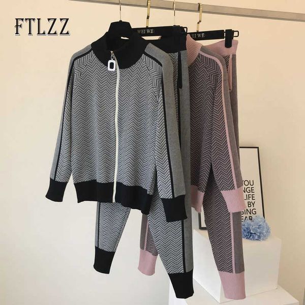 

women two piece set clothes fashion kniteed jacket short coat + slim long pant tracksuit woman sportsuit autumn winter outfit 210602, White