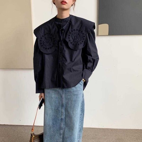 

korean fashion embroidery o neck full solid hollow out blouse women shirts 210615, White