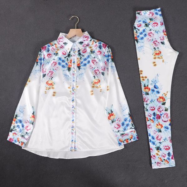 

women's two piece pants lapel temperament commuter printed white shirt leggings