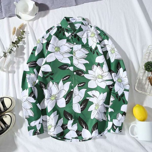 

men's casual shirts shirtkorean ins chaoren chic coconut leaf men's and women's loose hip hop couple long sleeve flower shirt, White;black