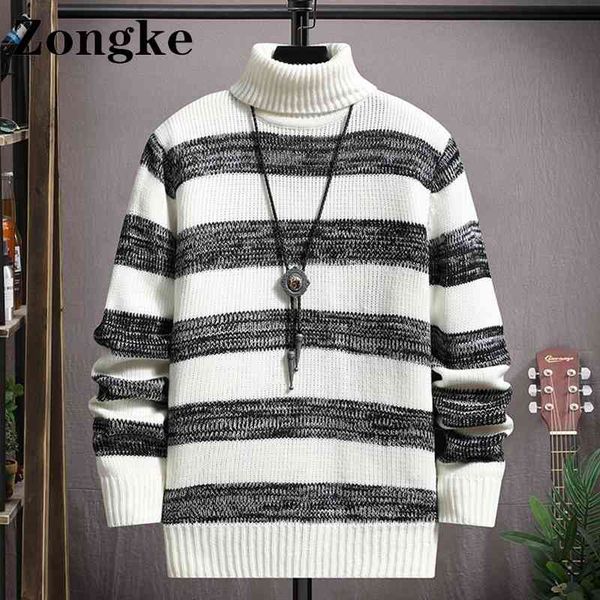 

zongke striped turtleneck cloth streetwear turtle neck men sweater harajuku 2xl 2021 autumn winter new arrivals, Black