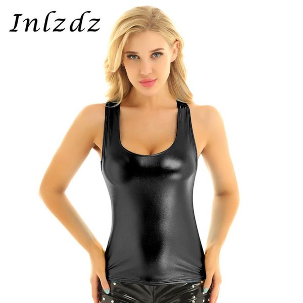 

women's tanks & camis shiny vest metallic deep u-neckline sleeveless racer back slim fit street camisole tank cosplay costume, White
