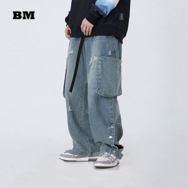 

men's jeans spring autumn streetwear fashion hip hop straight harajuku big pockets breasted baggy cargo pants denim trousers, Blue