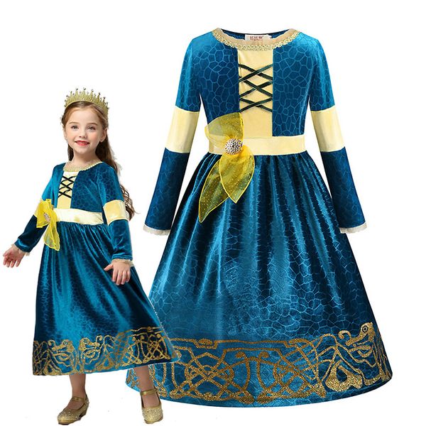 

fantasia girls brave merida princess dress long sleeve dark green children pageant party frocks halloween girl carnival costume, Red;yellow