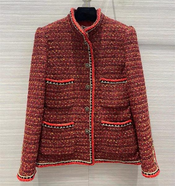 

women's wool & blends european and american clothing winter 2022 long sleeve stand collar single breasted fashion red tweed coat, Black