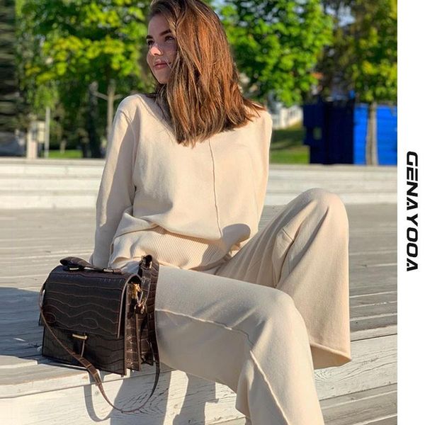 

women's two piece pants genayooa autumn winter knitted tracksuit 2 pant suits long sleeve set and women suit outwear korean, White