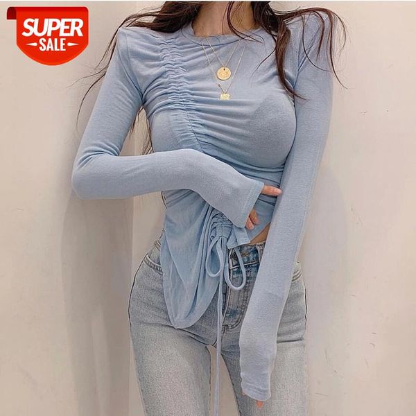 

shoulder pads women summer long sleeve asymmetric slim solid ladies 2021 lace up thin t-shirt see through #ks2b, White