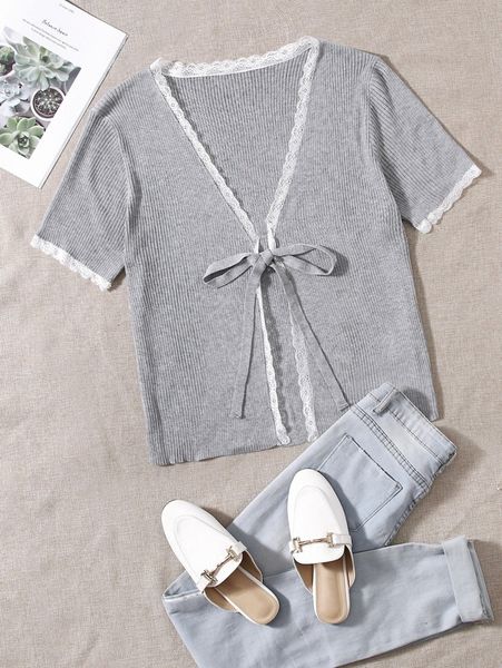 

plus lace trim knot front cardigan x2ep#, Black